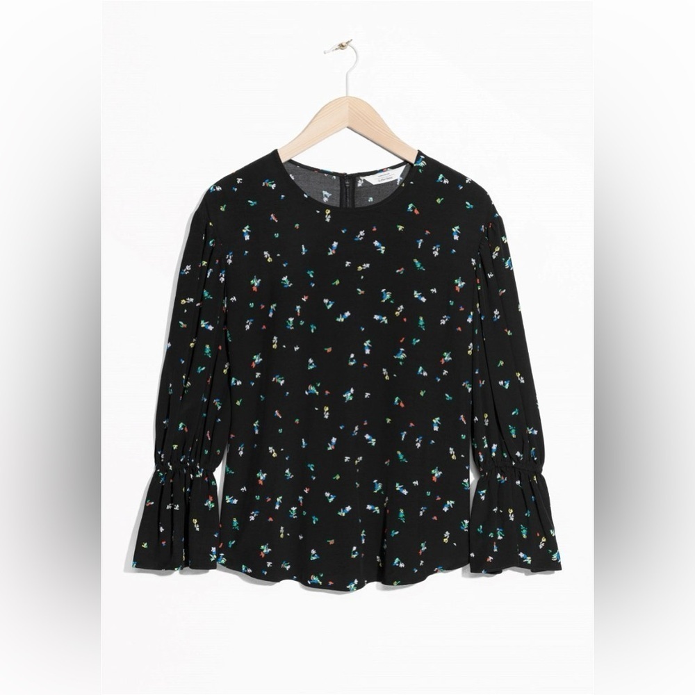 & Other Stories Blouse Size 6 Cinched Power Sleeve Loose Fit Frilled Top NWOT
